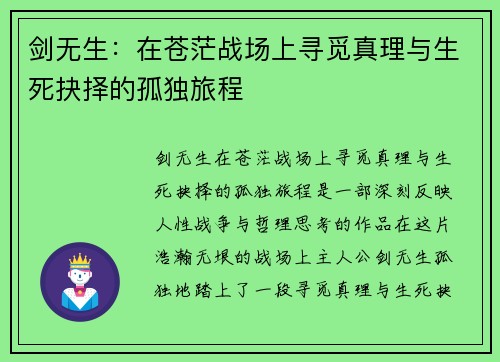 剑无生：在苍茫战场上寻觅真理与生死抉择的孤独旅程